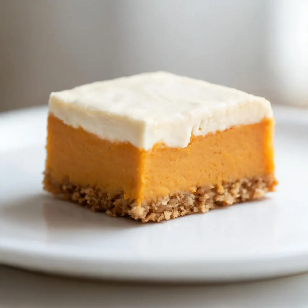 A pan of pumpkin maple cheesecake bars with a golden crust and creamy filling.
