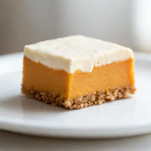 A pan of pumpkin maple cheesecake bars with a golden crust and creamy filling.