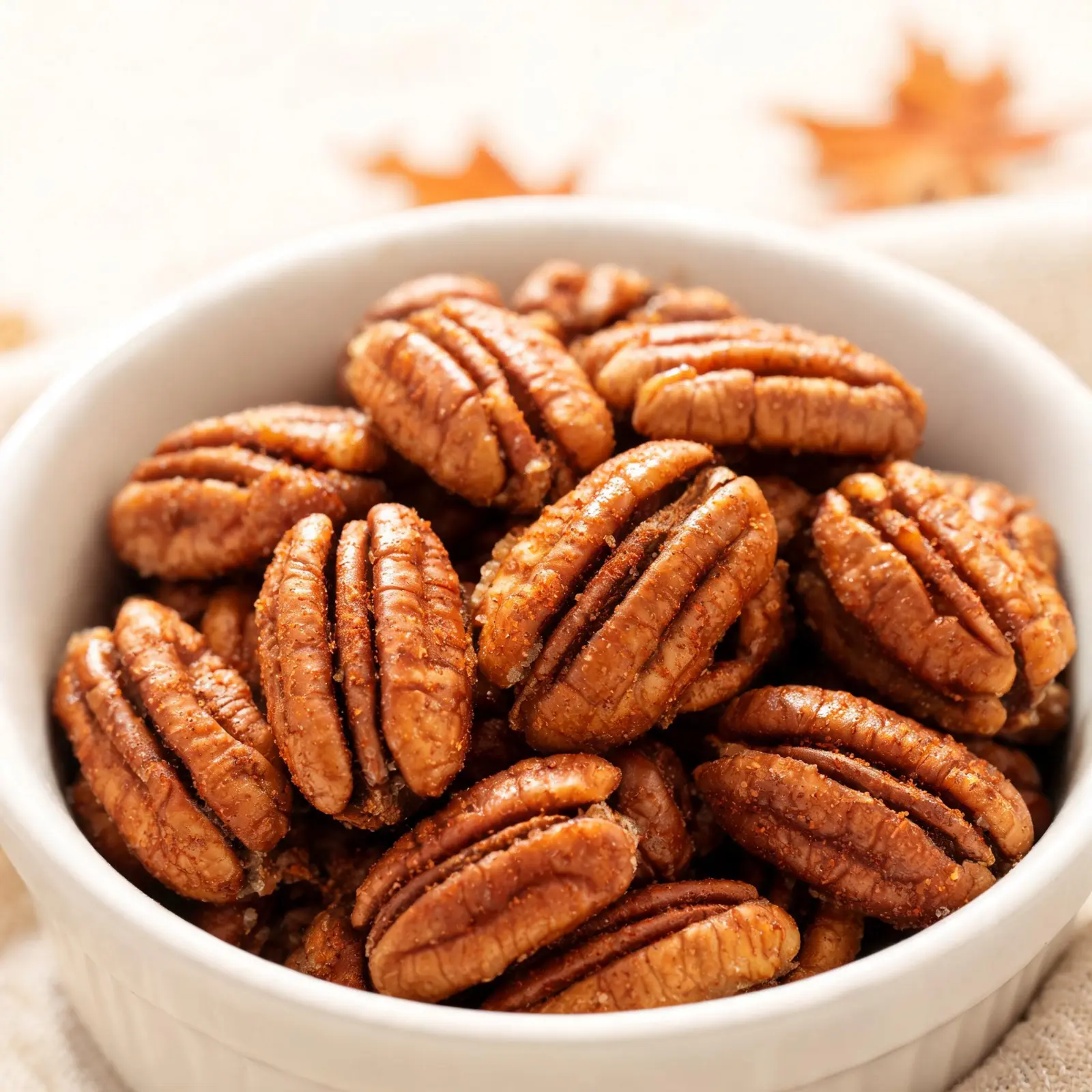 A bowl of pumpkin spice candied pecans with cinnamon sticks and autumn leaves