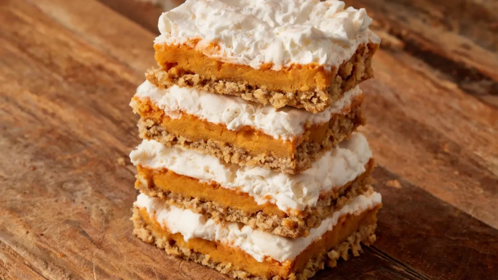 A stack of Pumpkin Spice Fluffernutter Bars on a wire rack, drizzled with marshmallow and pumpkin glaze