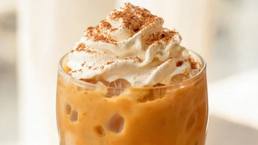 Pumpkin Spice Frappe in a glass with whipped cream and autumn leaves