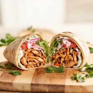 A completed chicken shawarma pita wrap on a plate, showing the golden pita and fillings.