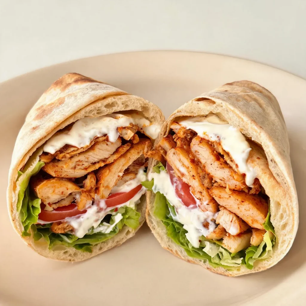 Quick Chicken Shawarma Pita Wrap on a plate, ready to eat