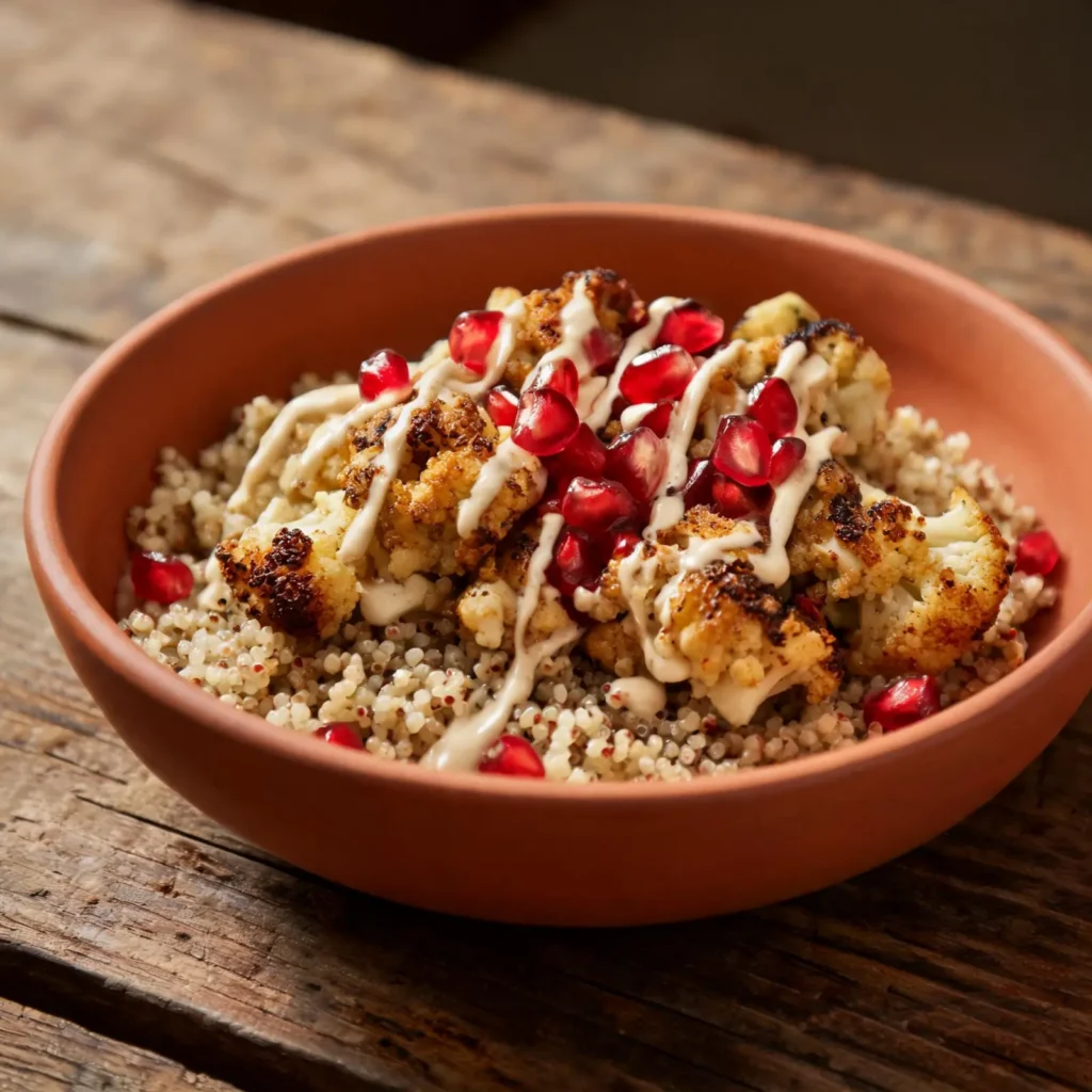 A bowl of roasted cauliflower shawarma topped with pomegranate seeds and herbs.