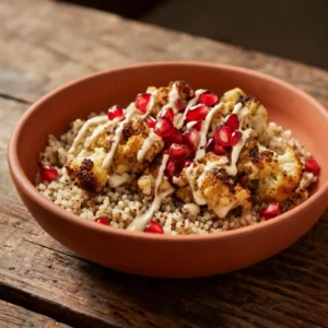 A bowl of roasted cauliflower shawarma topped with pomegranate seeds and herbs.
