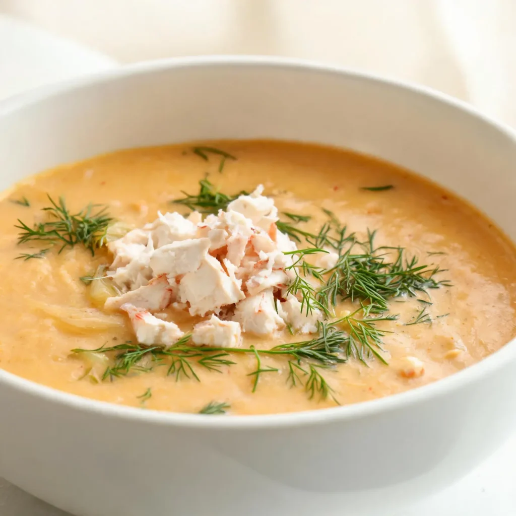 A bowl of roasted fennel and crab bisque garnished with fennel fronds and lump crab meat