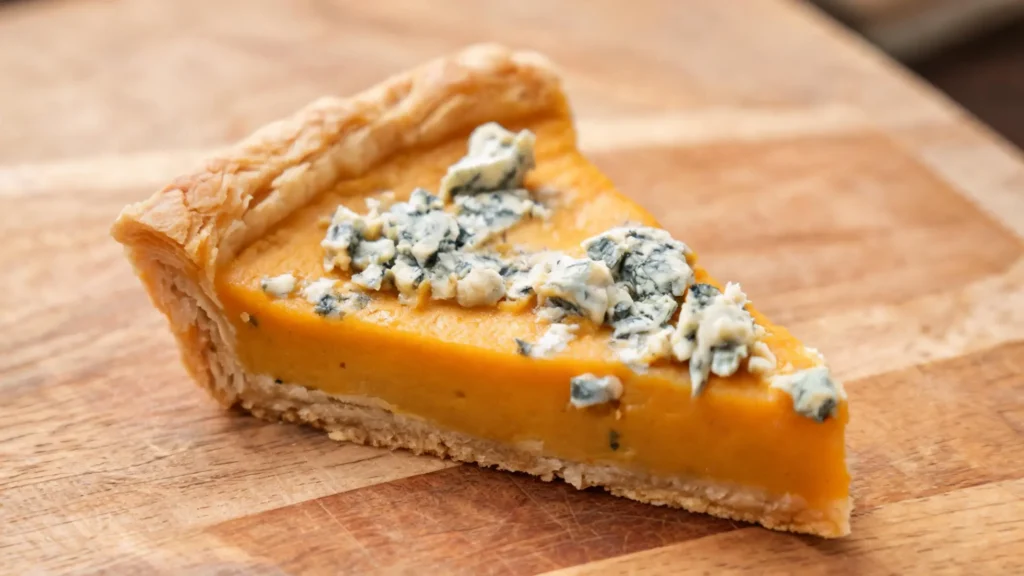 A golden-brown roasted pumpkin and blue cheese tart on a wooden board, garnished with fresh herbs.