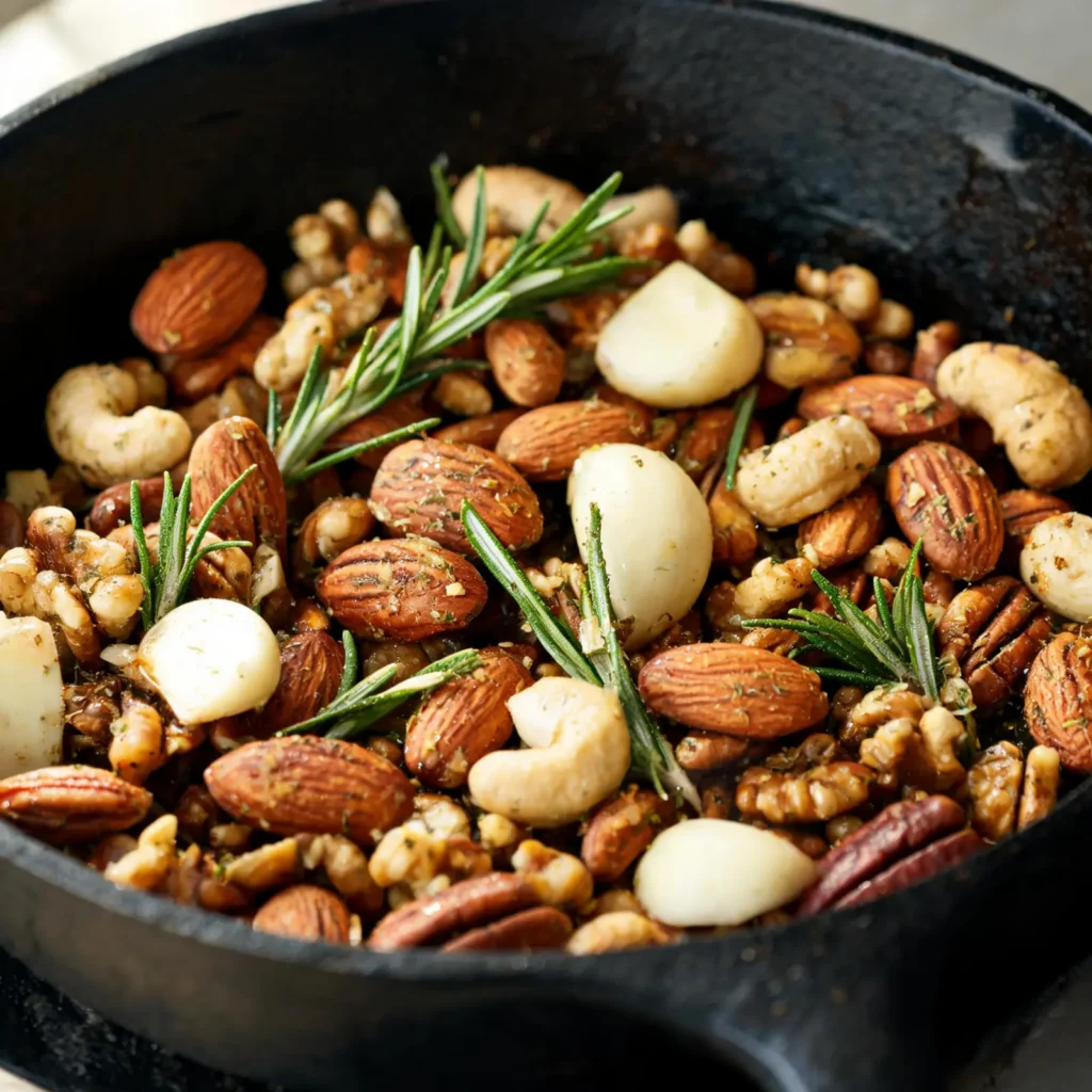 A cast iron skillet filled with toasted nuts, garlic cloves, and rosemary sprigs