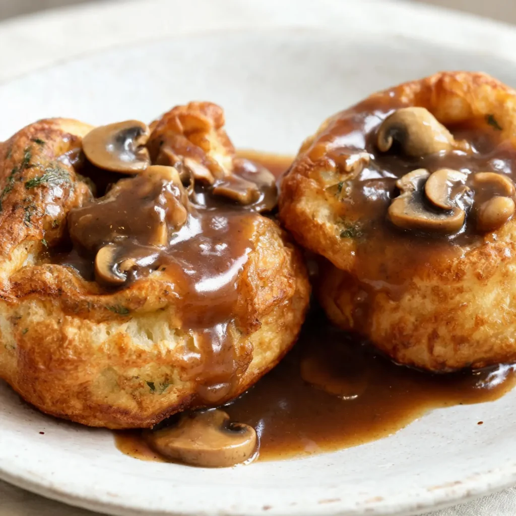 Home Golden sage Yorkshire puddings with mushroom gravy on a plate