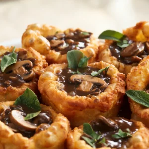 Golden sage Yorkshire puddings with rich mushroom gravy on a plate