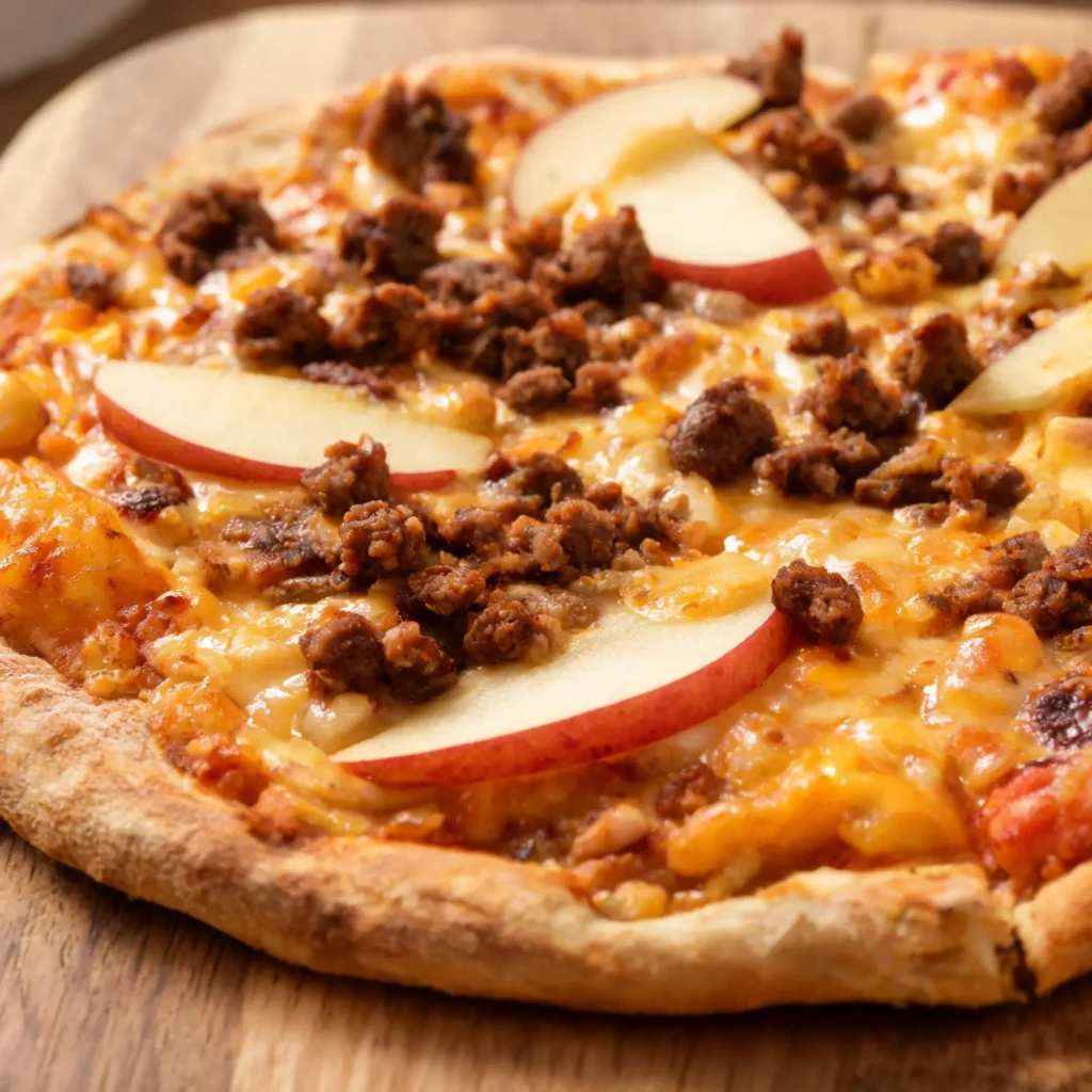 Sausage Apple Cheddar Flatbread Pizza on a wooden board