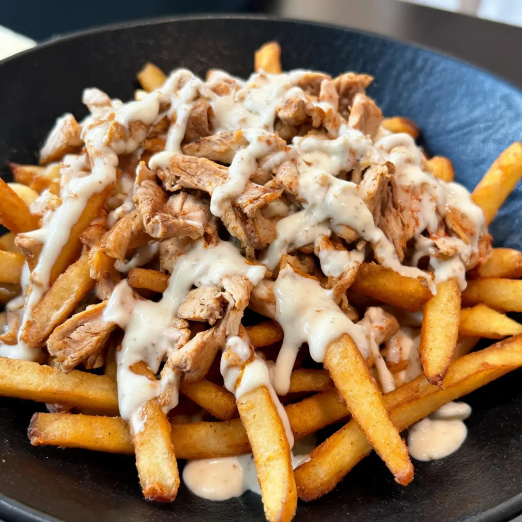 Shawarma loaded fries with garlic sauce served on a plate