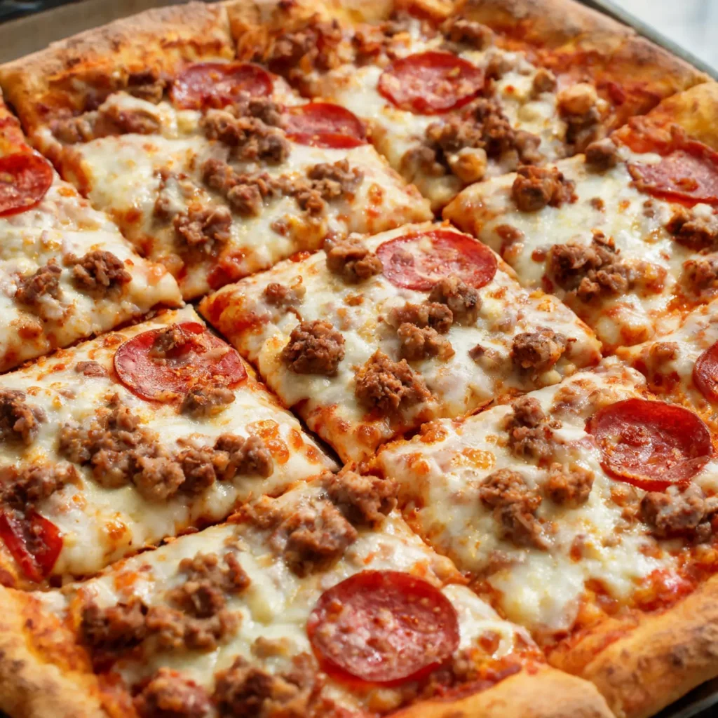 A golden brown sheet-pan sausage pizza with melted cheese and sliced sausage on a baking sheet