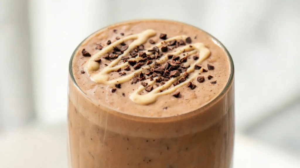 Tall glass of tahini date coffee frappe topped with sesame seeds and tahini drizzle