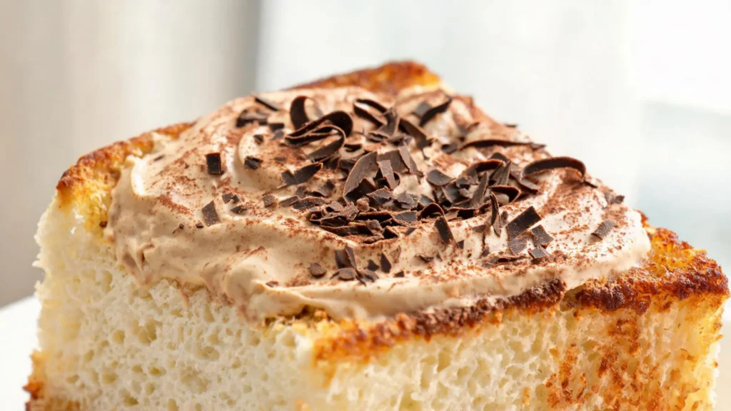 A slice of toasted angel food cake topped with espresso mascarpone cream