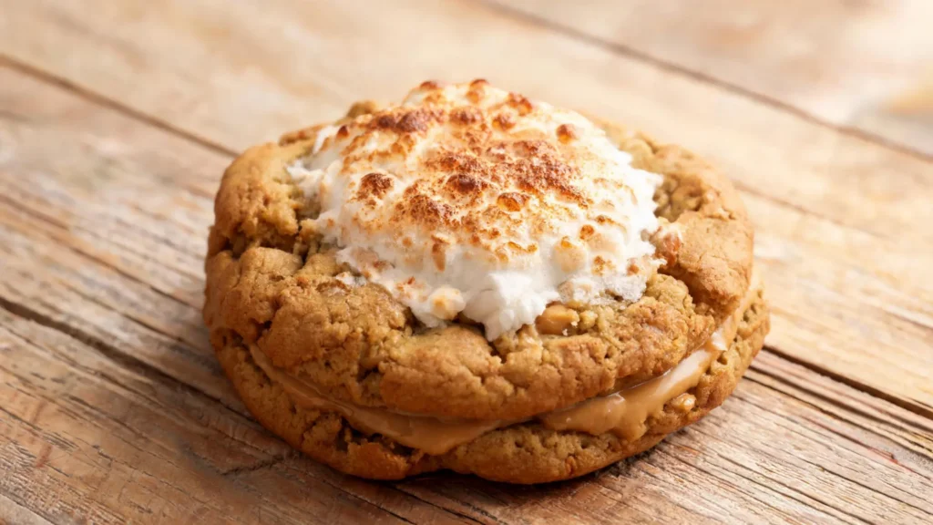 A stack of toasted fluffernutter stuffed cookies with golden brown edges and gooey marshmallow filling