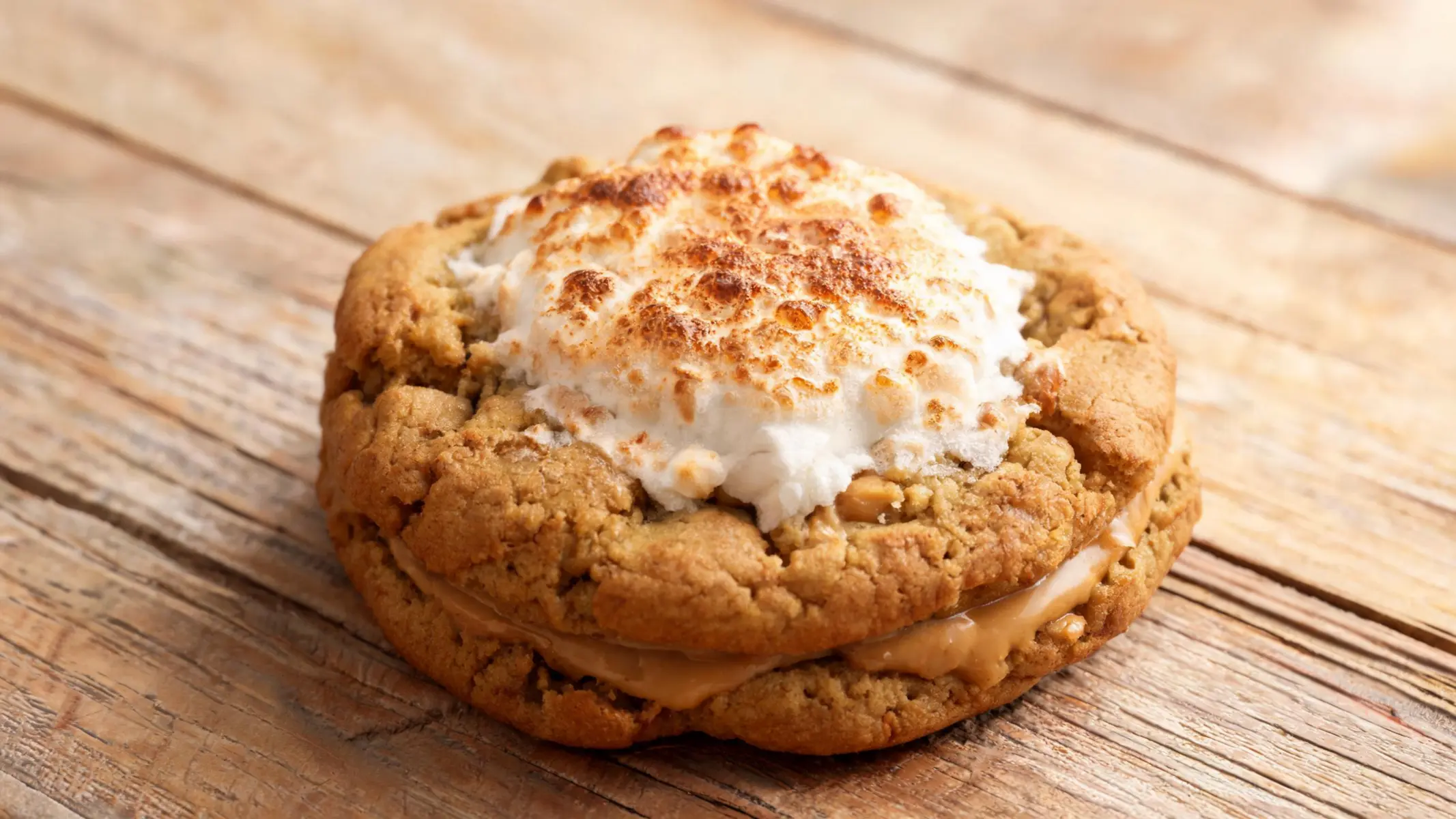 A stack of toasted fluffernutter stuffed cookies with golden brown edges and gooey marshmallow filling