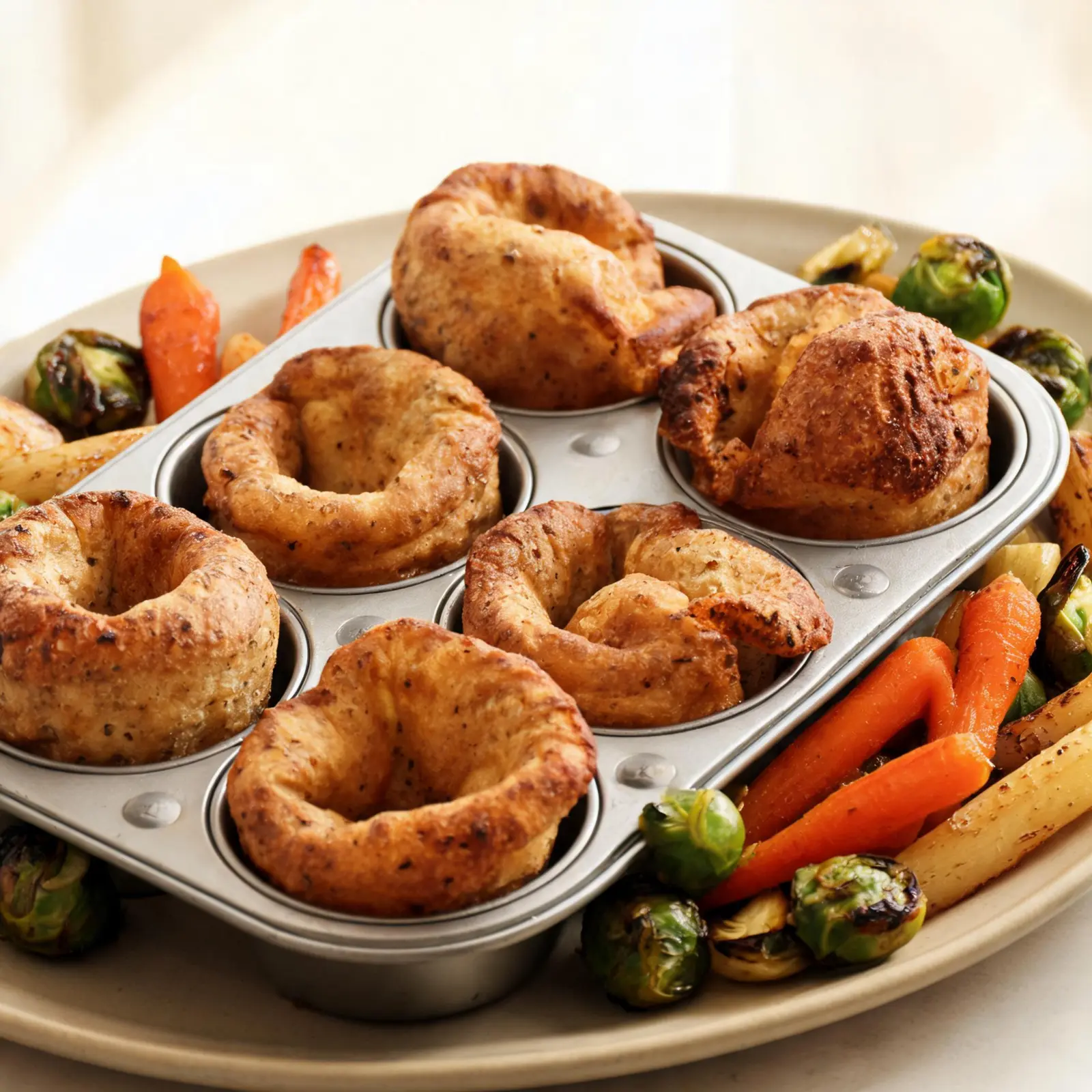 Golden whole-grain Yorkshire puddings with herb-roasted vegetables on a plate