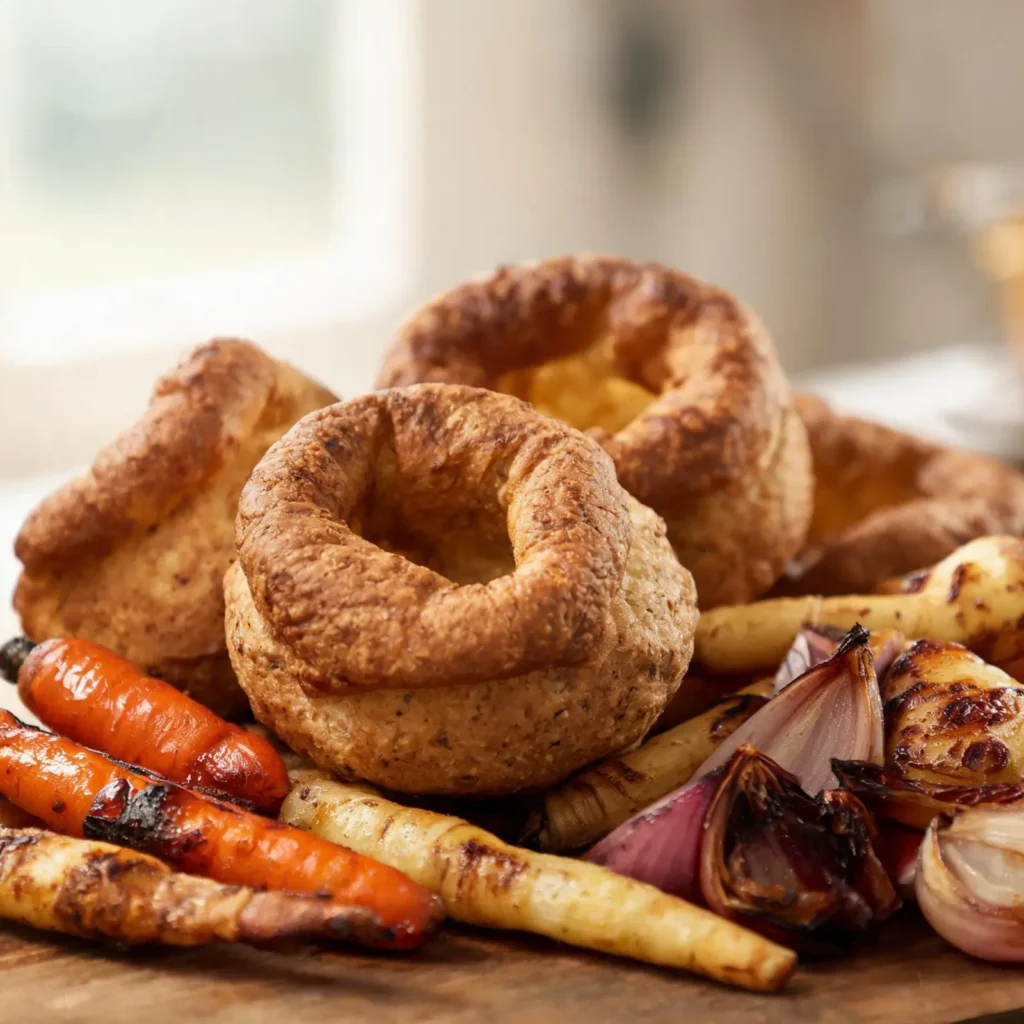 Golden whole-grain Yorkshire puddings arranged with herb-roasted vegetables on a rustic baking sheet