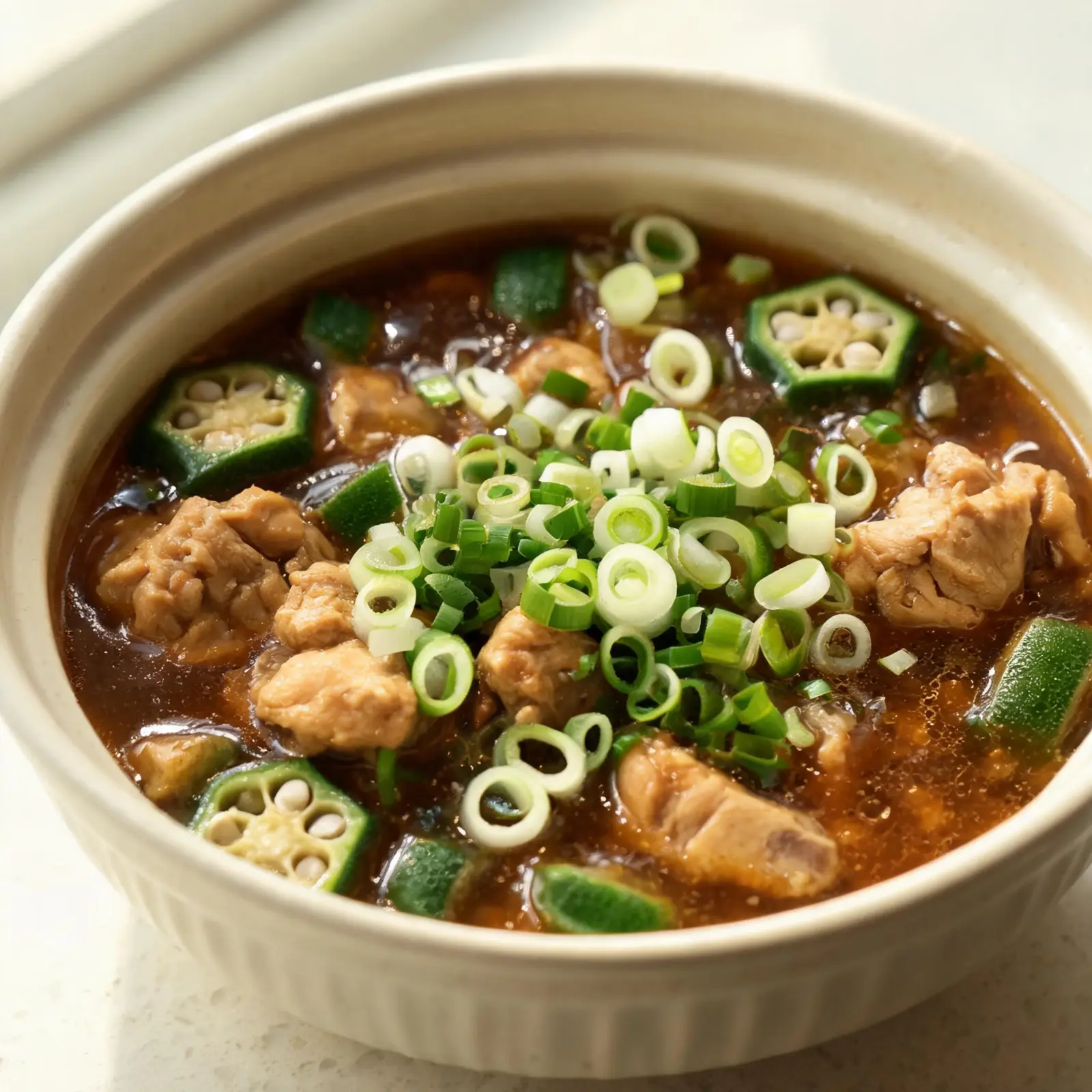 A bowl of hearty chicken okra gumbo with vegetables, served in a fall setting.