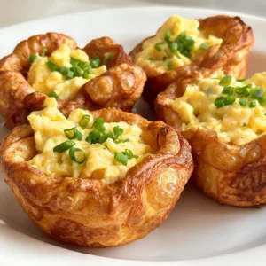 A golden Yorkshire pudding cup filled with a baked egg, topped with fresh chives, served on a plate.