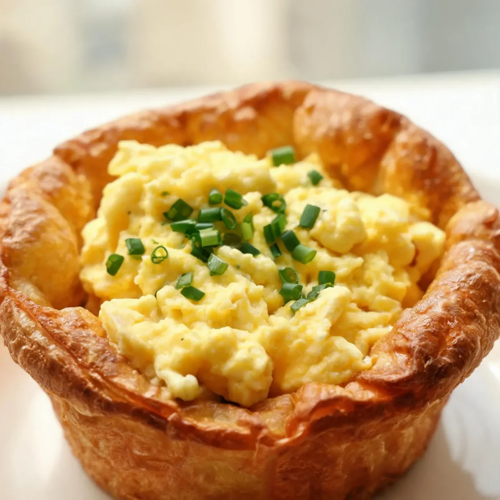 Yorkshire pudding cup filled with egg and topped with fresh chives