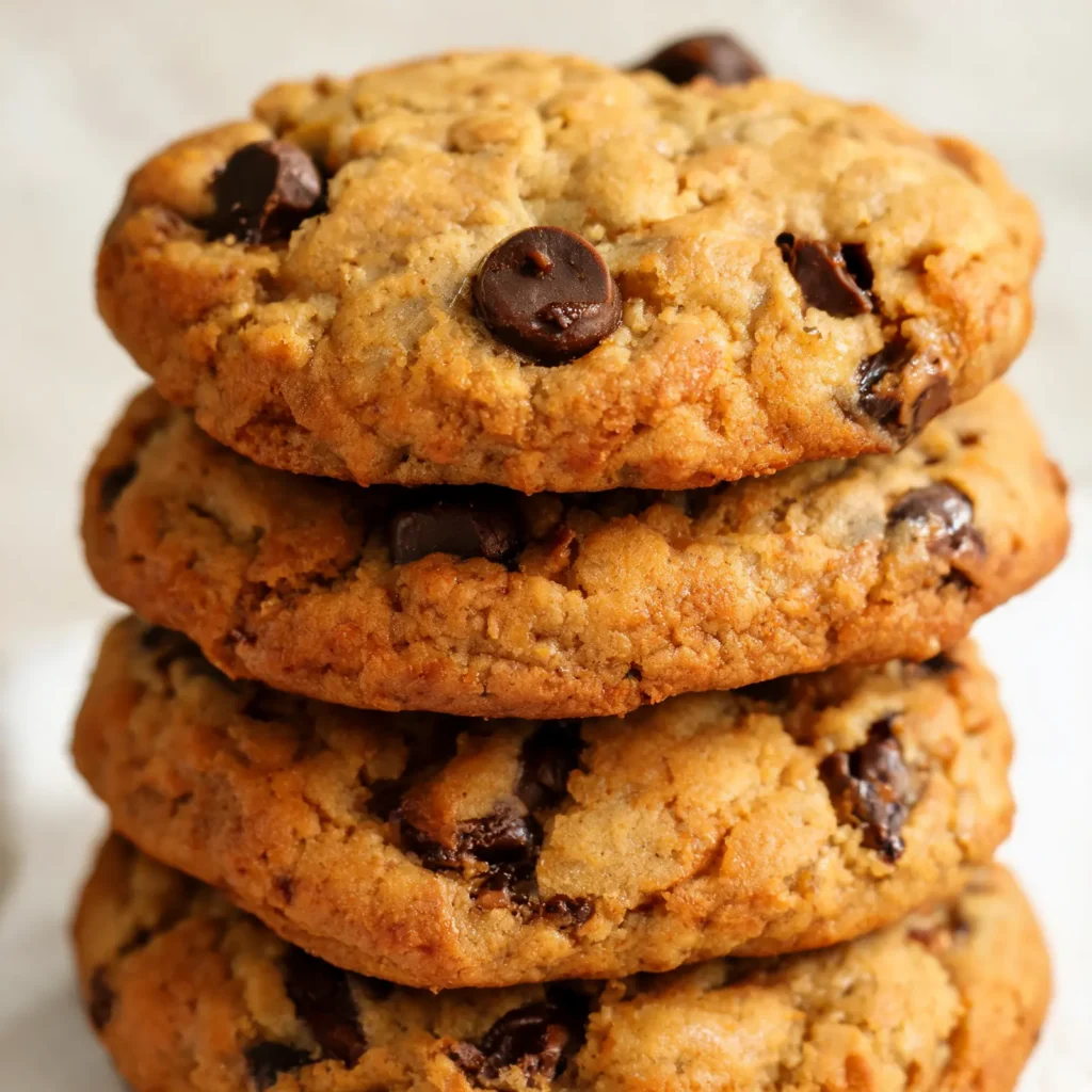 Stack of brown butter pumpkin chocolate chip cookies on a wire rack with melted chocolate