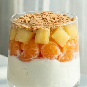 A colorful candy corn fruit parfait in a glass with layers of fruit and yogurt