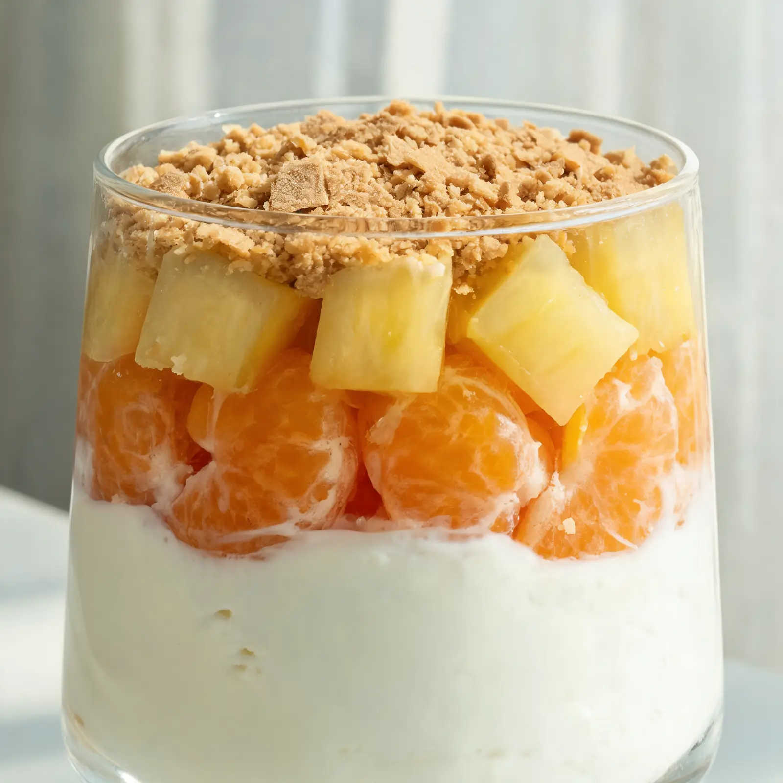 A colorful candy corn fruit parfait in a glass with layers of fruit and yogurt