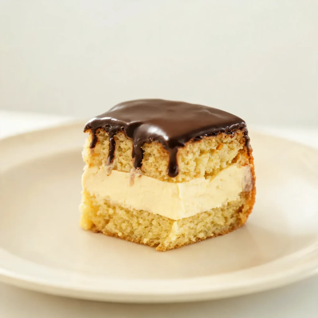 A whole Boston cream pie with a slice removed, showing layers of sponge cake and vanilla custard, topped with chocolate glaze.