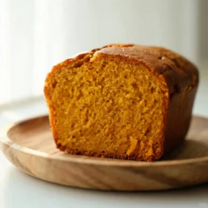 A golden loaf of classic pumpkin bread on a cooling rack