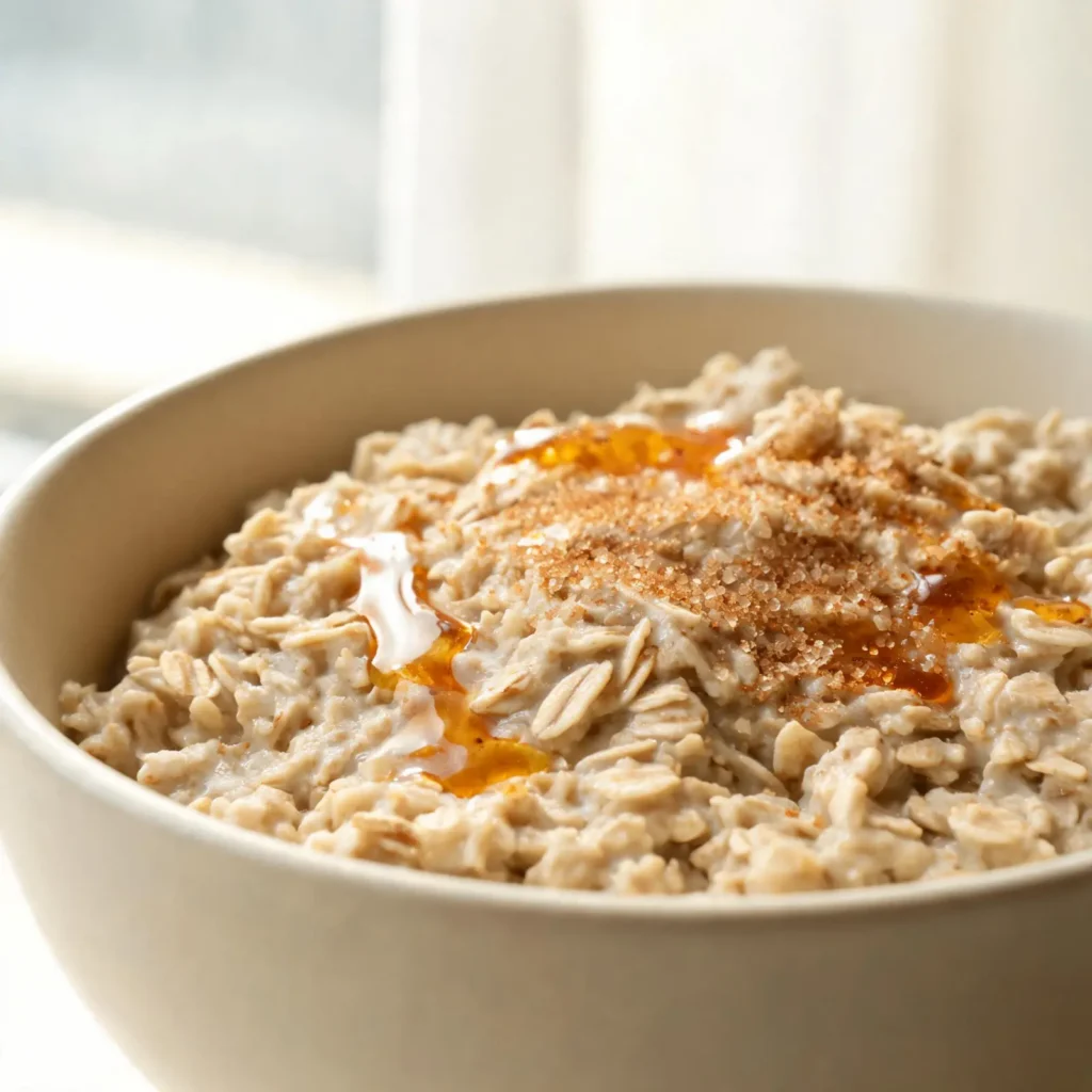 Warm bowl of classic maple brown sugar oatmeal topped with brown sugar and maple syrup