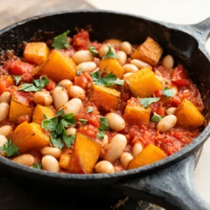 A warm skillet of butternut squash and white beans, garnished with fresh herbs