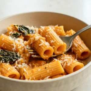Creamy roasted butternut squash pasta in a white bowl, garnished with fresh parsley and Parmesan cheese.