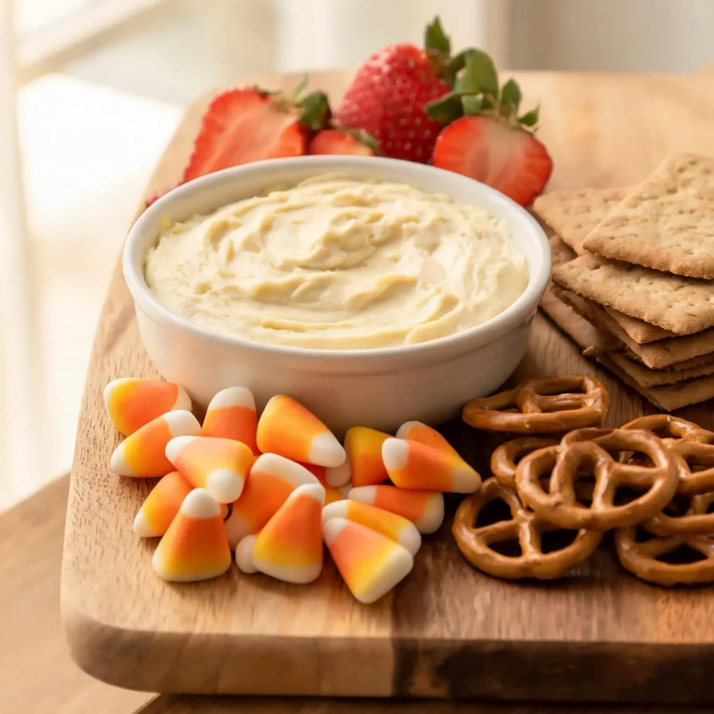 A beautiful platter of candy corn cheesecake dip with toppings and dippers on a wooden board