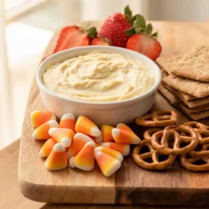 A beautiful platter of candy corn cheesecake dip with toppings and dippers on a wooden board