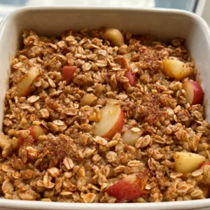 A golden apple cinnamon baked oatmeal casserole topped with fresh apple slices and cinnamon
