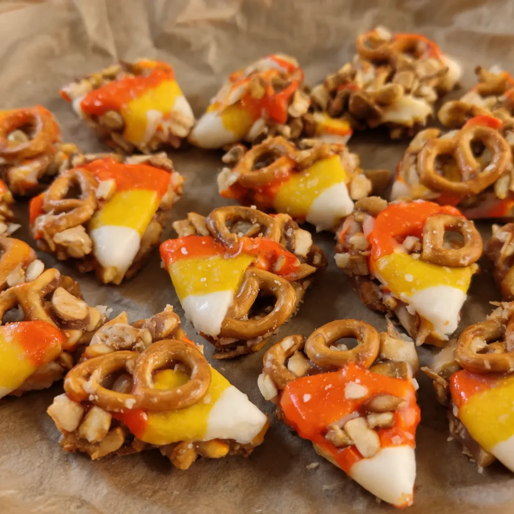 Finished candy corn pretzel bark drizzled with white chocolate and topped with candy corn and pretzel pieces