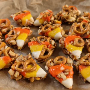 Finished candy corn pretzel bark drizzled with white chocolate and topped with candy corn and pretzel pieces