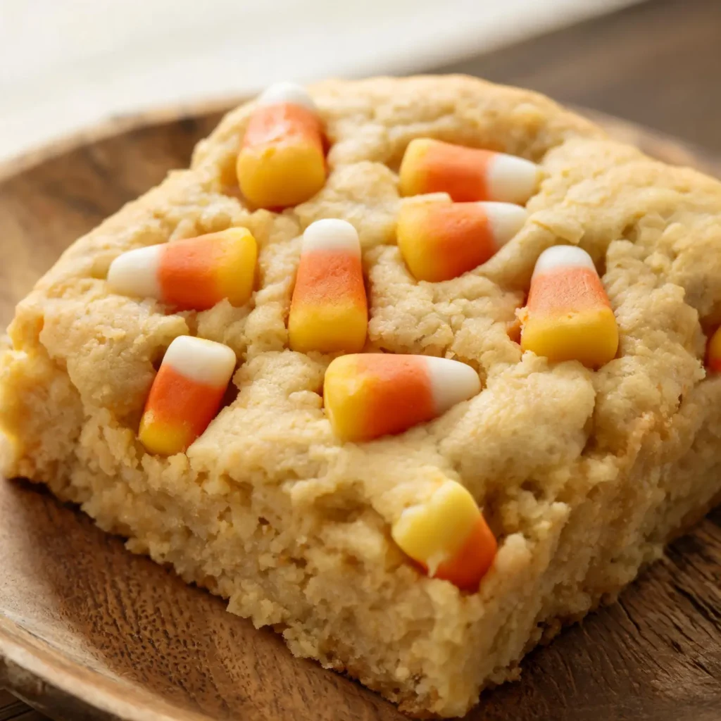 A plate of easy candy corn sugar cookie bars with colorful candy corn on top
