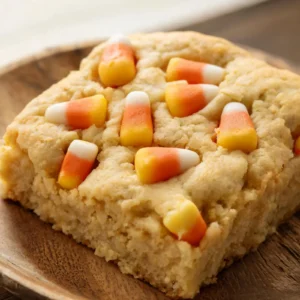 A plate of easy candy corn sugar cookie bars with colorful candy corn on top
