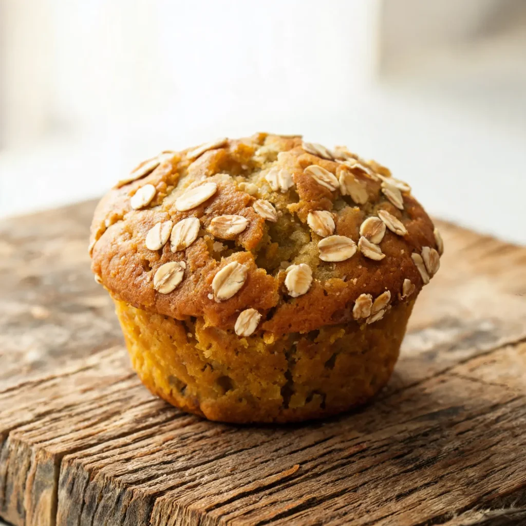 A batch of freshly baked pumpkin oat breakfast muffins on a cooling rack, showcasing their golden-brown tops and moist texture.