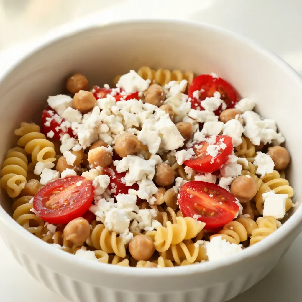A colorful Mediterranean chickpea pasta salad in a white bowl, with cherry tomatoes, olives, feta cheese, and fresh herbs.