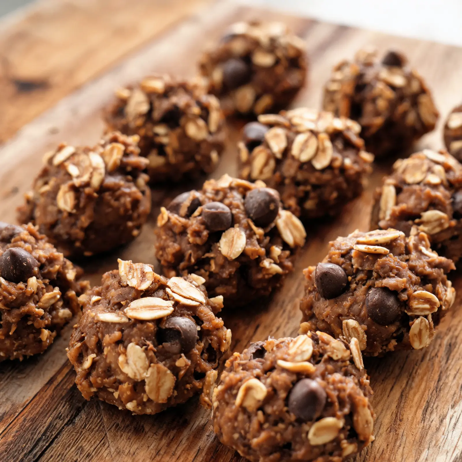 A batch of no-bake chocolate peanut butter bites on a plate