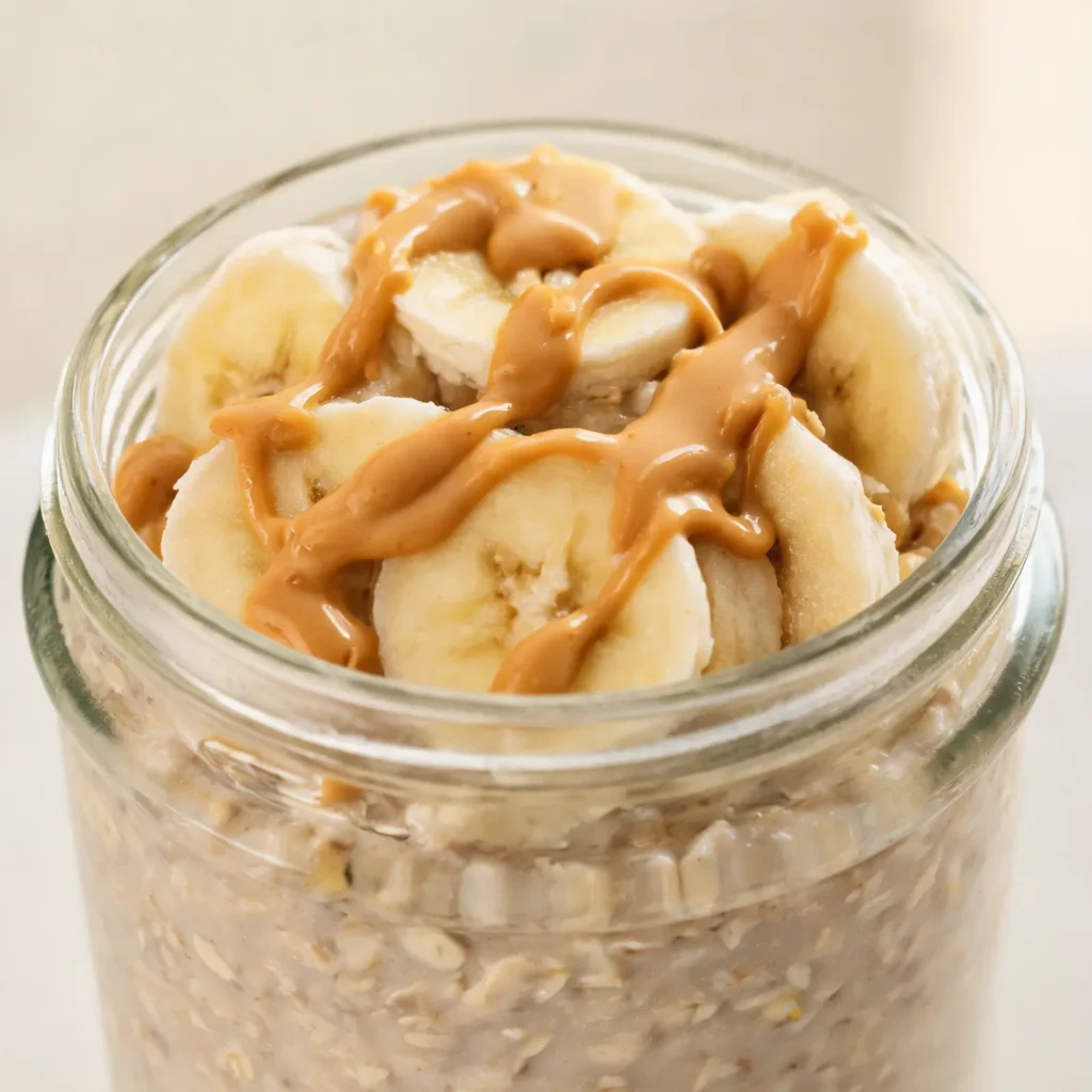 A jar of creamy peanut butter banana overnight oats topped with sliced bananas and a drizzle of peanut butter