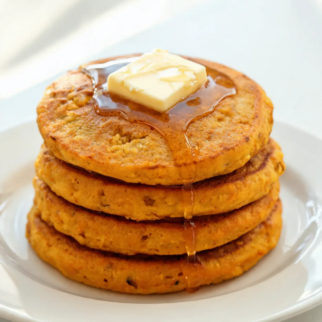 Fluffy pumpkin pancakes with butter and maple syrup on a white plate