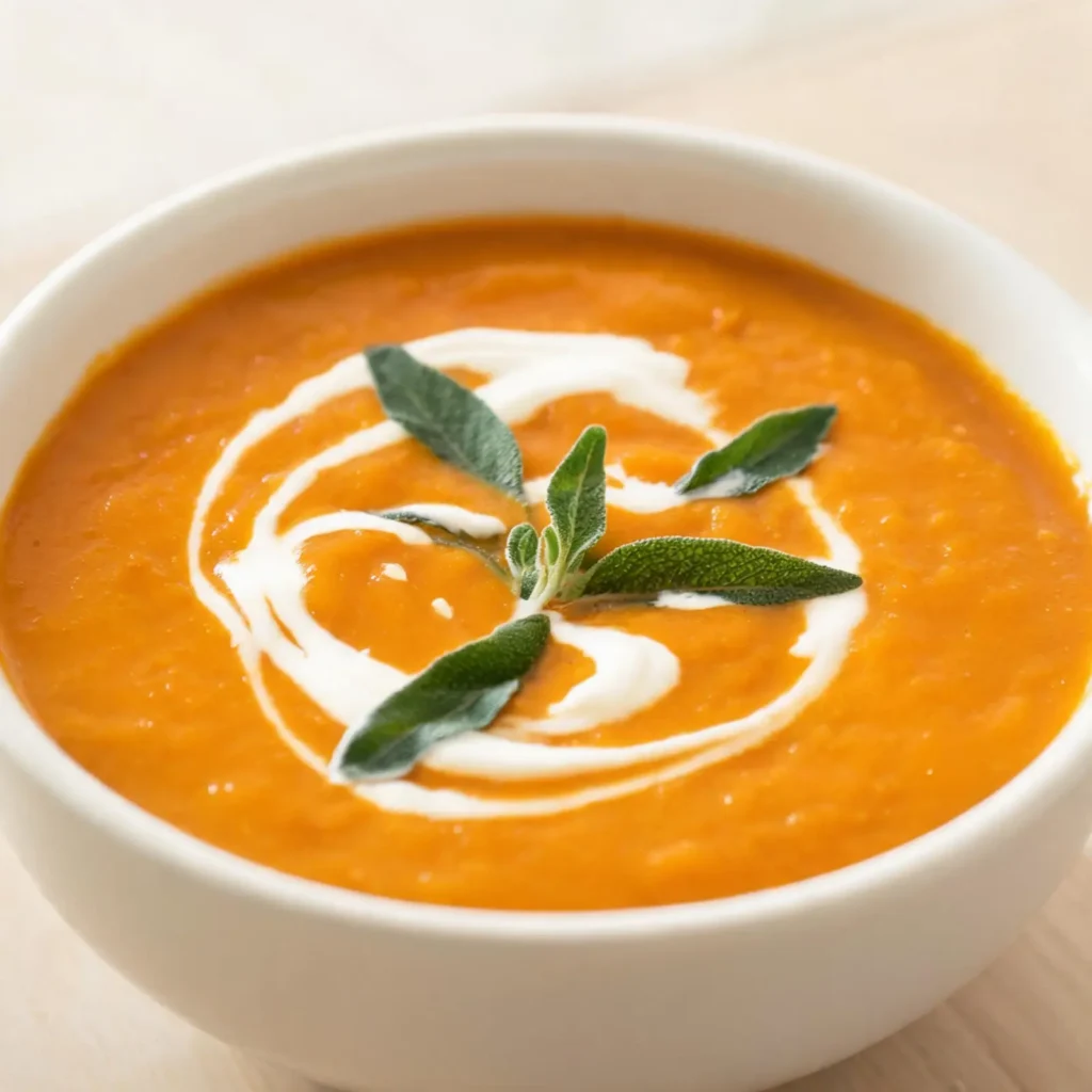 A bowl of roasted pumpkin soup garnished with fresh sage leaves