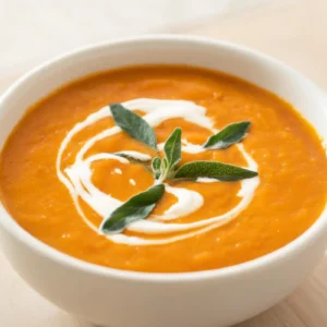 A bowl of roasted pumpkin soup garnished with fresh sage leaves
