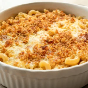 Golden baked mac and cheese in a baking dish with crispy top