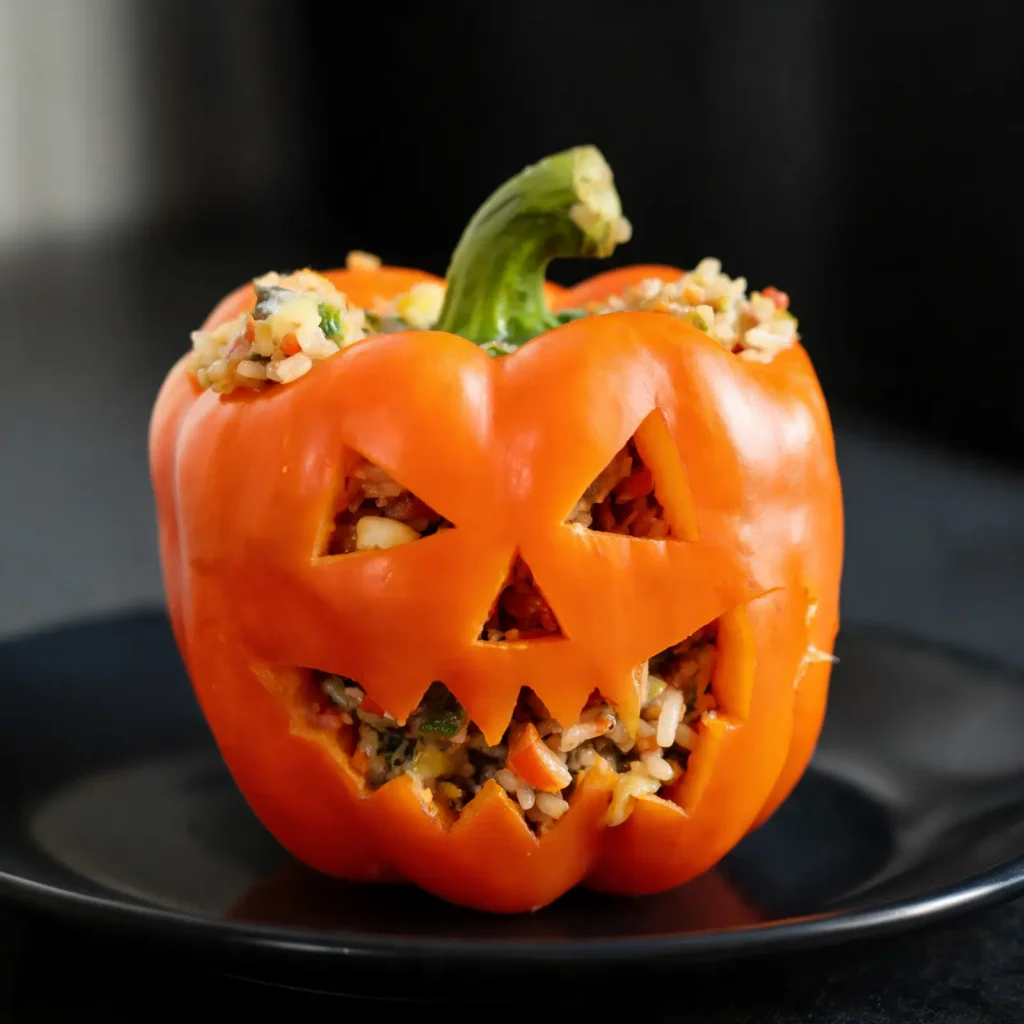 A bright orange bell pepper carved like a jack-o'-lantern and filled with a savory rice and meat stuffing, topped with melted cheese, served on a plate.